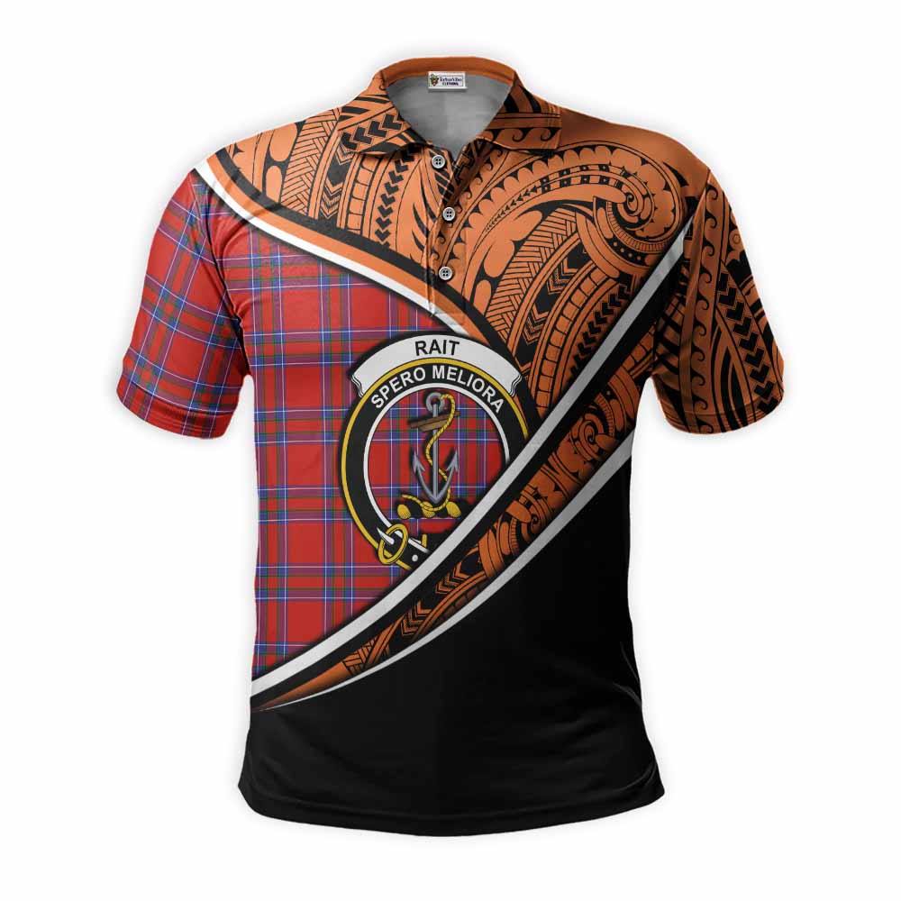 Tartan Vibes Clothing Rait Crest Tartan Polo Shirt with Maori Tattoo Style - Orange Version