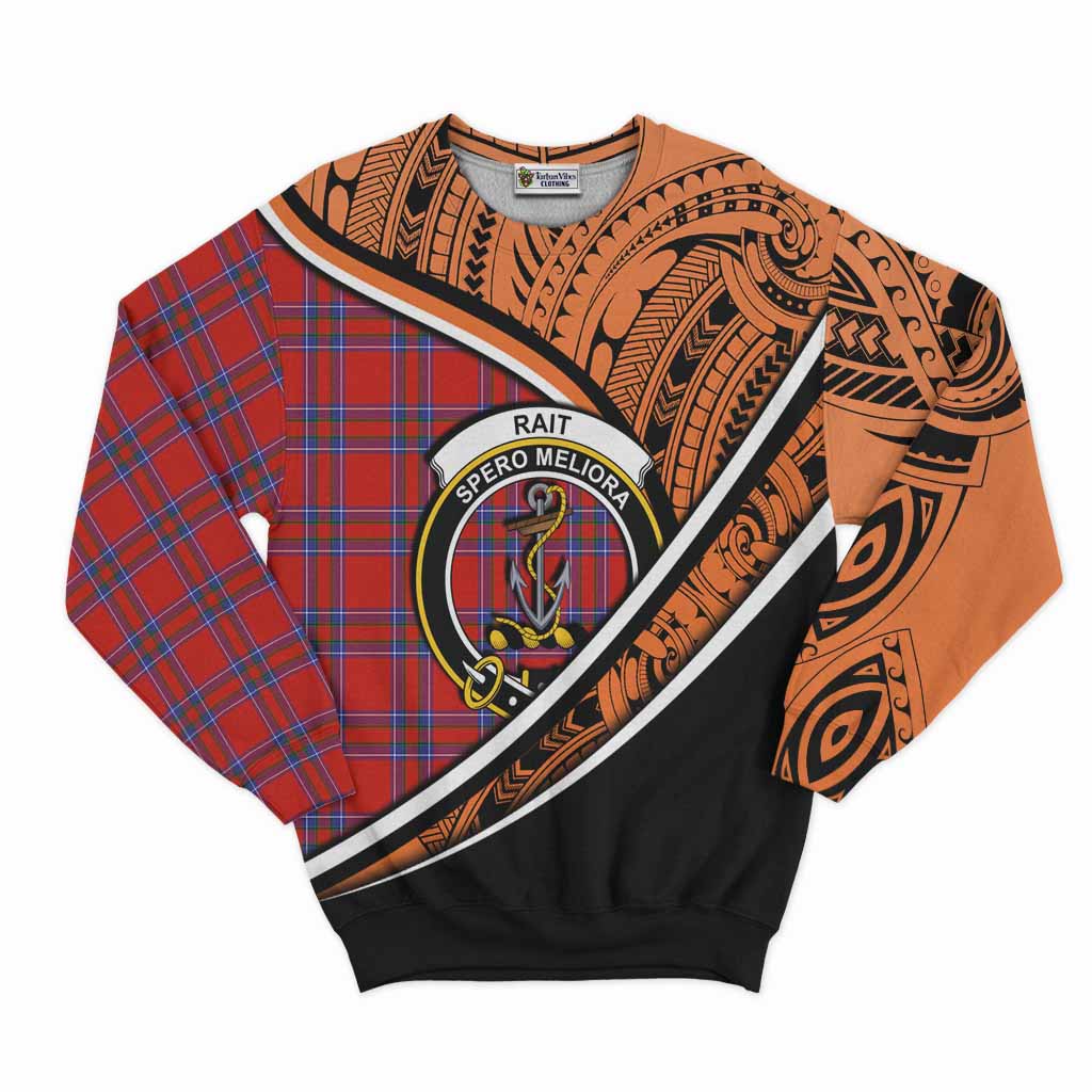 Tartan Vibes Clothing Rait Crest Tartan Sweatshirt with Maori Tattoo Style - Orange Version