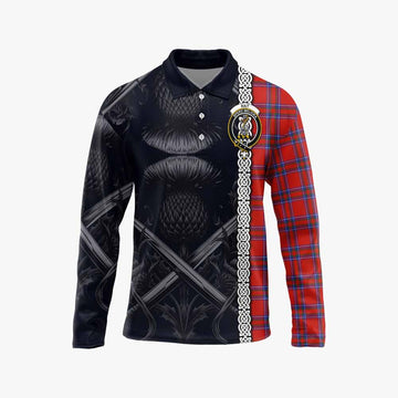 Rait Tartan Long Sleeve Polo Shirt with Family Crest Cross Sword Thistle Celtic Vibes