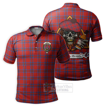 Rait Tartan Polo Shirt with Family Crest and Bearded Skull Holding Bottles of Whiskey