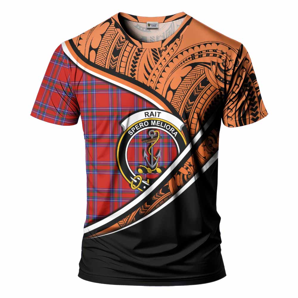 Tartan Vibes Clothing Rait Crest Tartan T-Shirt with Maori Tattoo Style - Orange Version