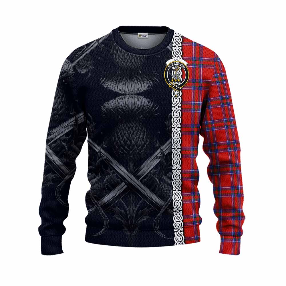 Tartan Vibes Clothing Rait Tartan Knitted Sweater with Family Crest Cross Sword Thistle Celtic Vibes