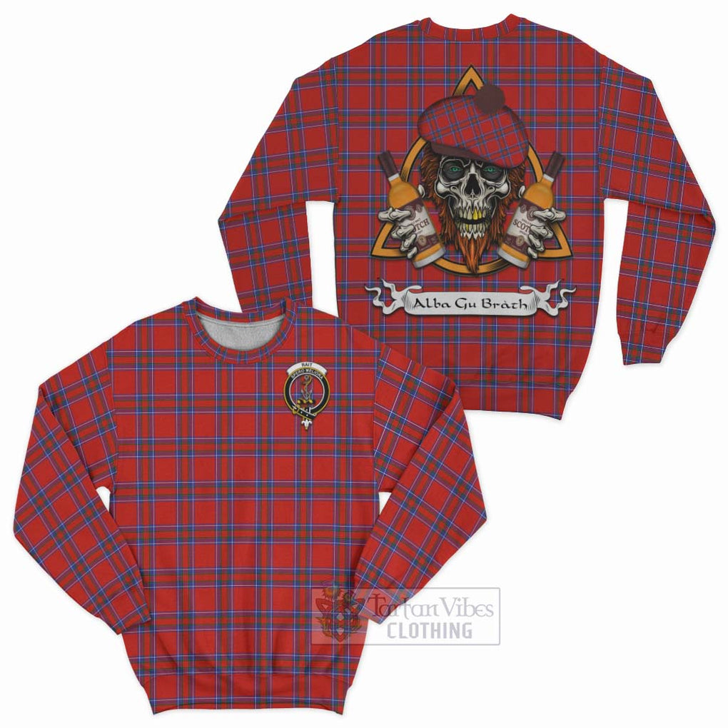 Tartan Vibes Clothing Rait Tartan Sweatshirt with Family Crest and Bearded Skull Holding Bottles of Whiskey