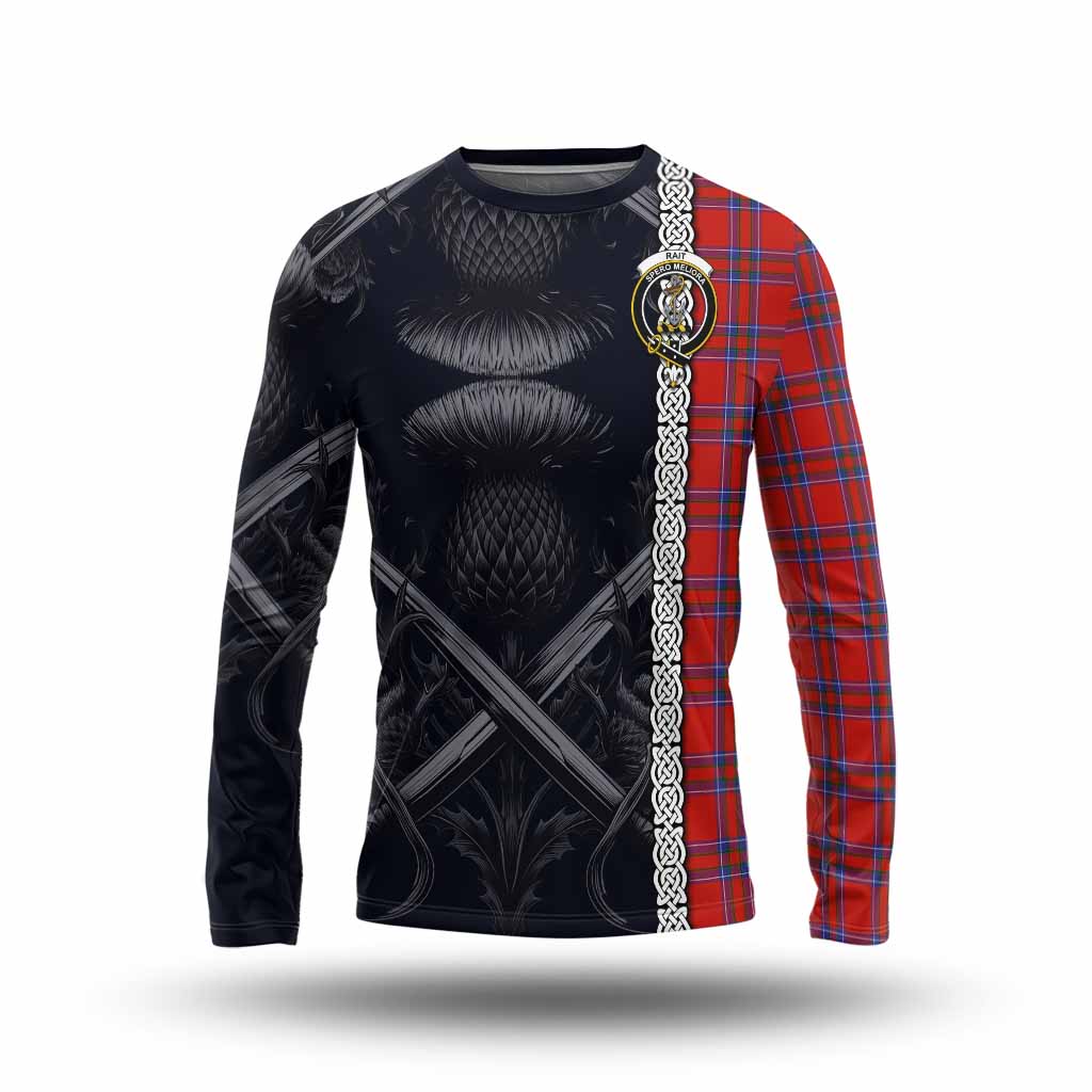 Tartan Vibes Clothing Rait Tartan Long Sleeve T-Shirt with Family Crest Cross Sword Thistle Celtic Vibes