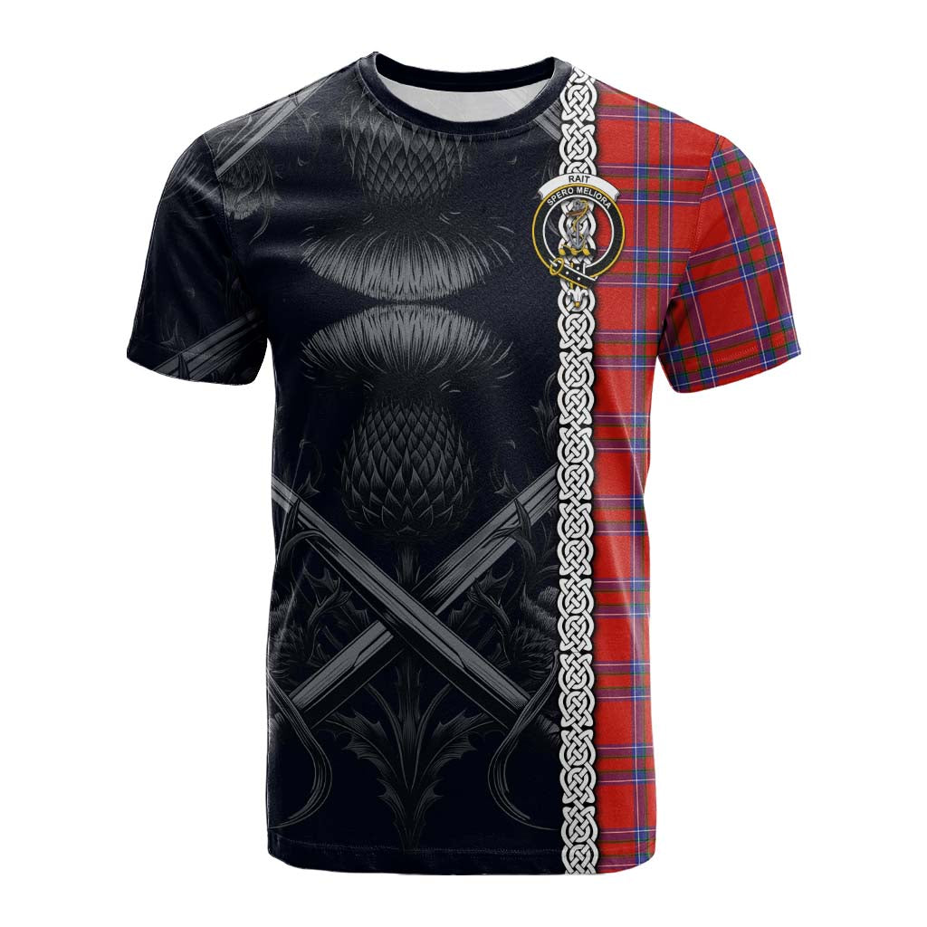 Tartan Vibes Clothing Rait Tartan Cotton T-shirt with Family Crest Cross Sword Thistle Celtic Vibes