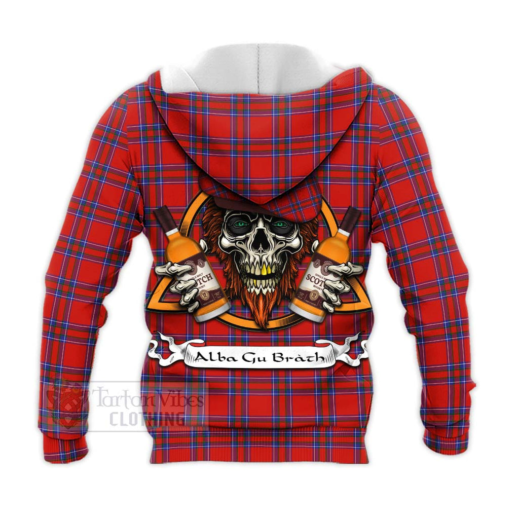 Tartan Vibes Clothing Rait Tartan Knitted Hoodie with Family Crest and Bearded Skull Holding Bottles of Whiskey