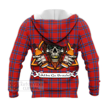 Rait Tartan Knitted Hoodie with Family Crest and Bearded Skull Holding Bottles of Whiskey