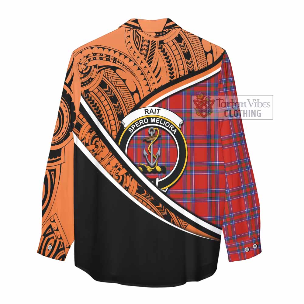 Tartan Vibes Clothing Rait Crest Tartan Women's Casual Shirt with Maori Tattoo Style - Orange Version