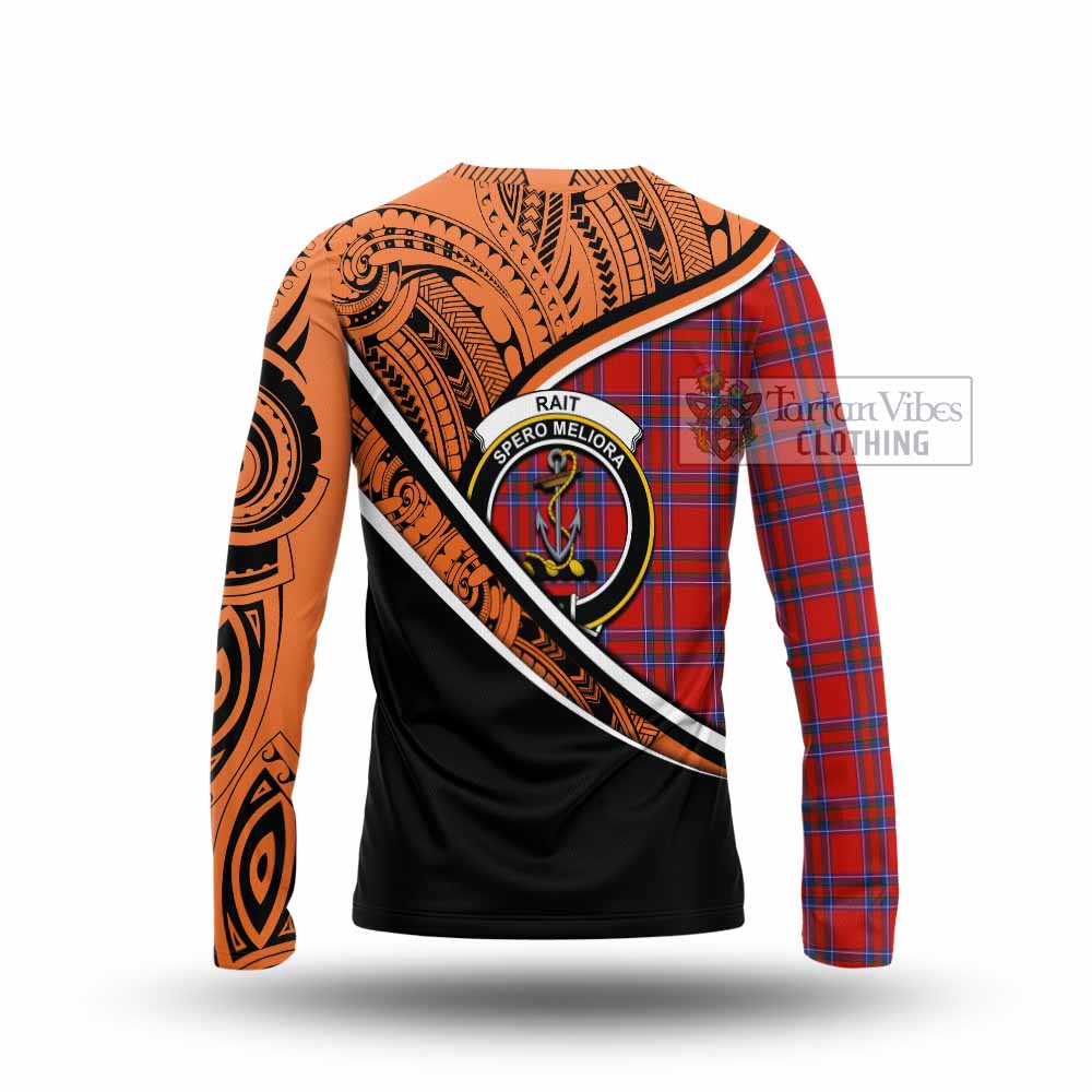 Tartan Vibes Clothing Rait Crest Tartan Long Sleeve T-Shirt with Maori Tattoo Style - Orange Version