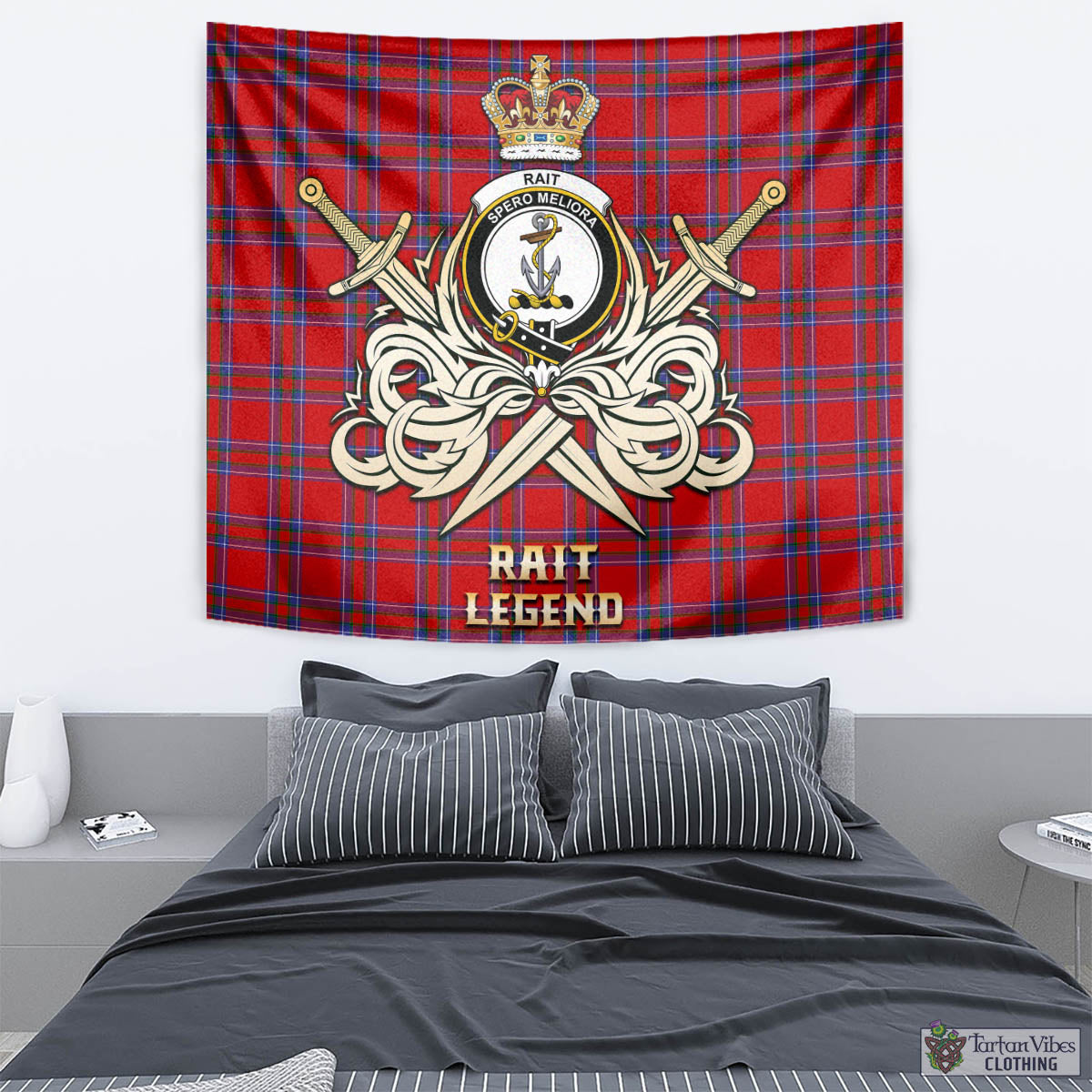 Tartan Vibes Clothing Rait Tartan Tapestry with Clan Crest and the Golden Sword of Courageous Legacy