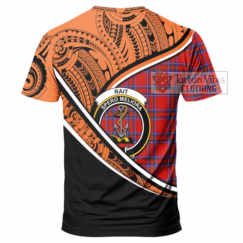 Tartan Vibes Clothing Rait Crest Tartan T-Shirt with Maori Tattoo Style - Orange Version