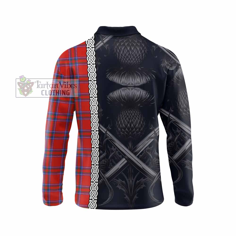 Tartan Vibes Clothing Rait Tartan Long Sleeve Polo Shirt with Family Crest Cross Sword Thistle Celtic Vibes