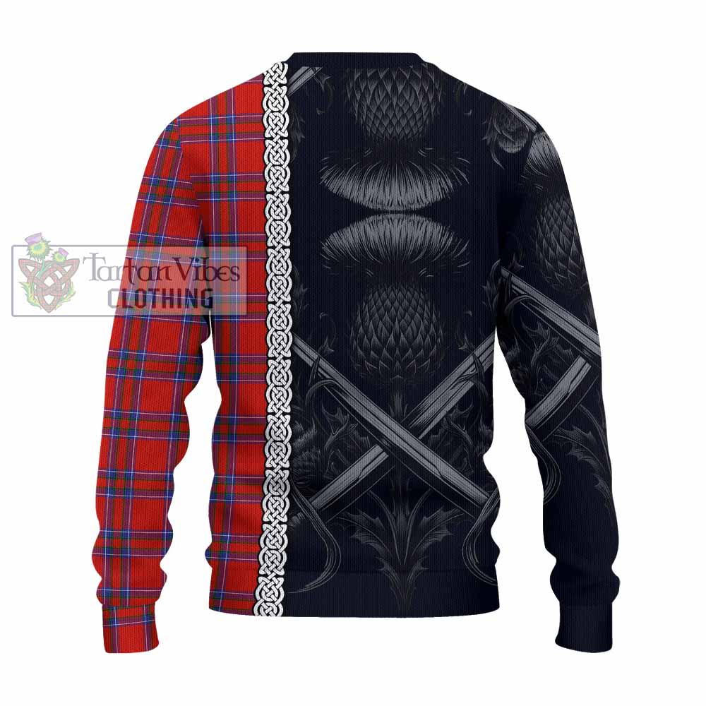 Tartan Vibes Clothing Rait Tartan Knitted Sweater with Family Crest Cross Sword Thistle Celtic Vibes