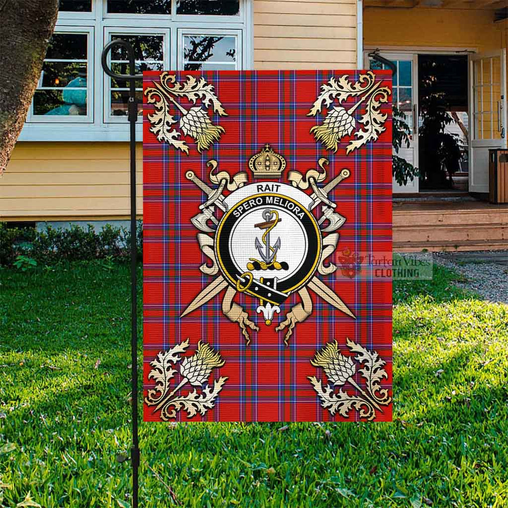 Tartan Vibes Clothing Rait Tartan Flag with Family Crest and Golden Thistle Crossed Sword Design