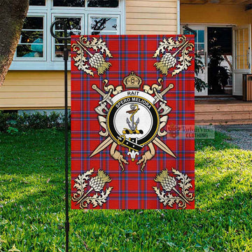 Rait Tartan Flag with Family Crest and Golden Thistle Crossed Sword Design