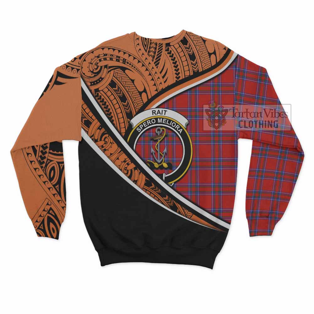 Tartan Vibes Clothing Rait Crest Tartan Sweatshirt with Maori Tattoo Style - Orange Version