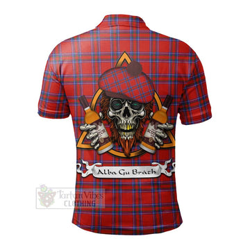 Rait Tartan Polo Shirt with Family Crest and Bearded Skull Holding Bottles of Whiskey