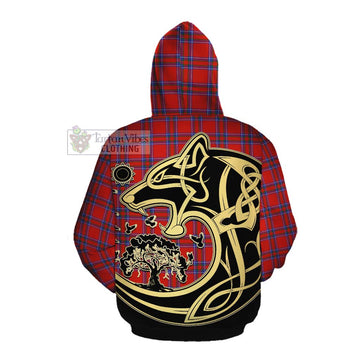 Rait Tartan Cotton Hoodie with Family Crest Celtic Wolf Style