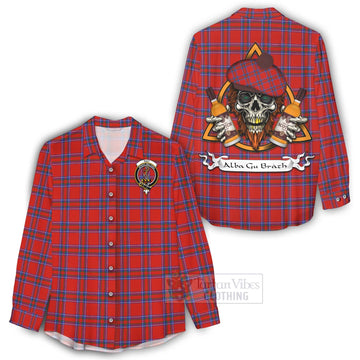 Rait Tartan Women's Casual Shirt with Family Crest and Bearded Skull Holding Bottles of Whiskey