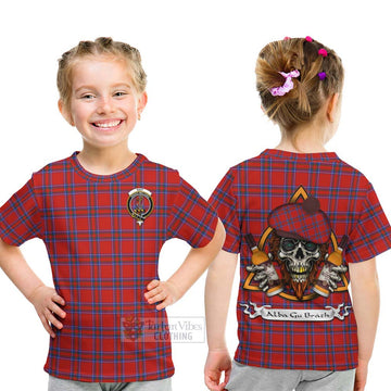 Rait Tartan Kid T-Shirt with Family Crest and Bearded Skull Holding Bottles of Whiskey