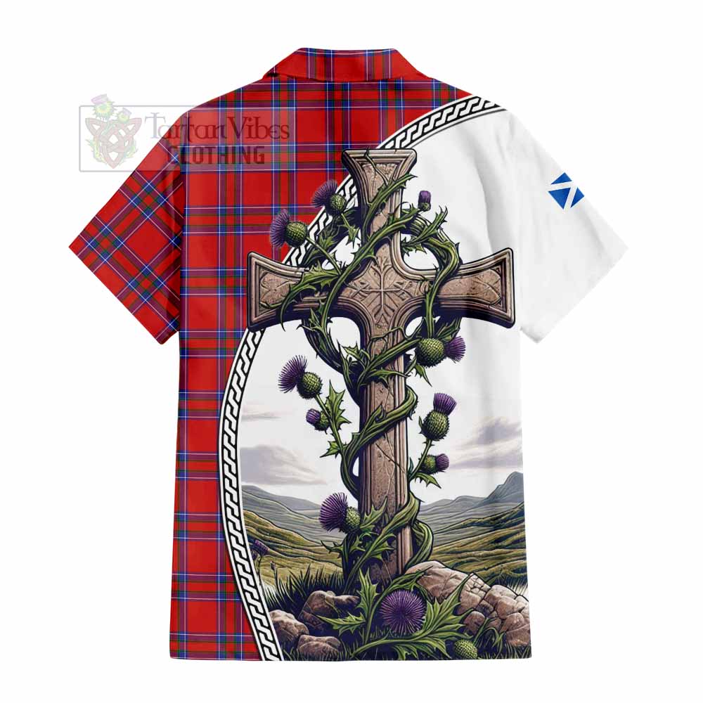 Tartan Vibes Clothing Rait Tartan Short Sleeve Button Shirt with Family Crest and St. Andrew's Cross Accented by Thistle Vines