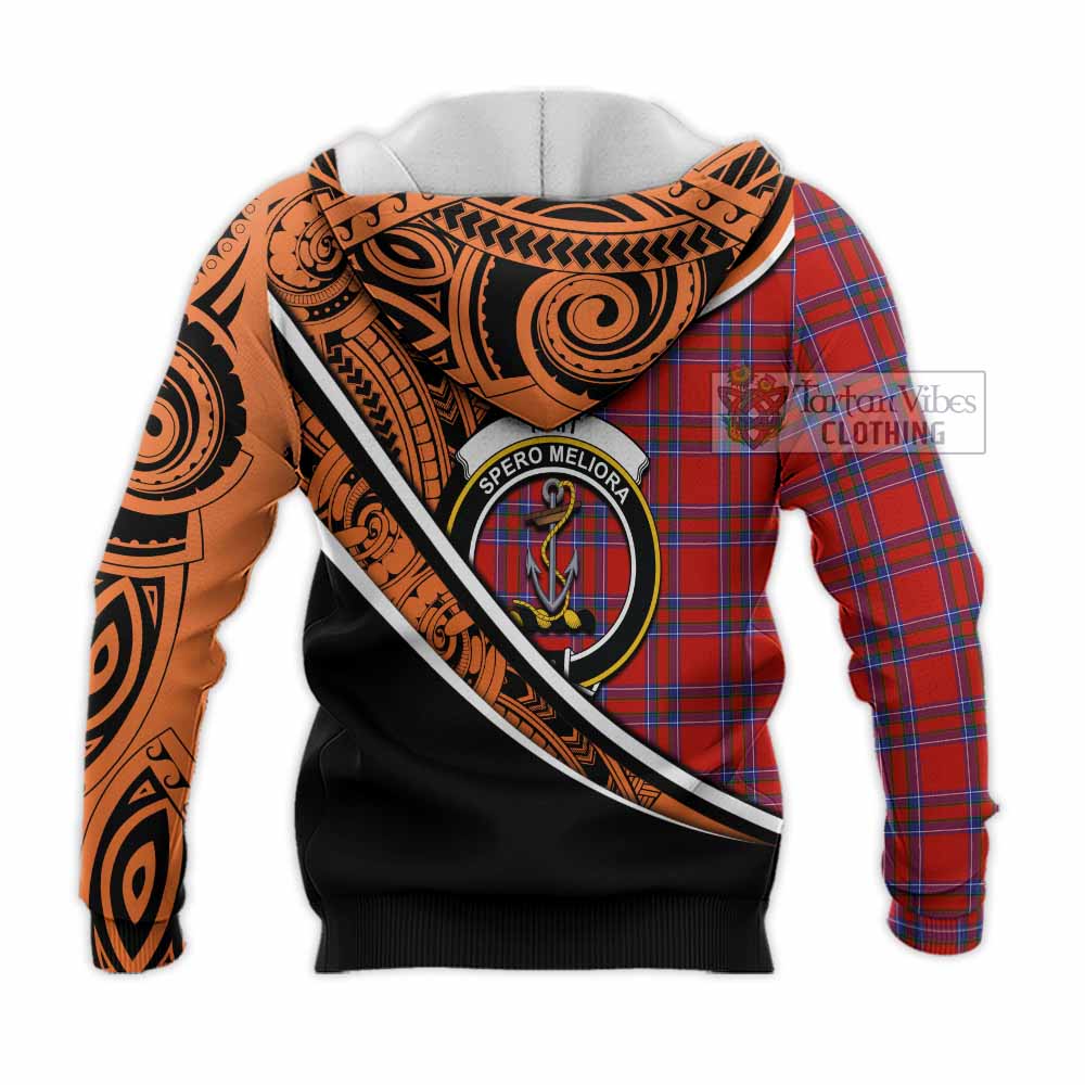 Tartan Vibes Clothing Rait Crest Tartan Knitted Hoodie with Maori Tattoo Style - Orange Version