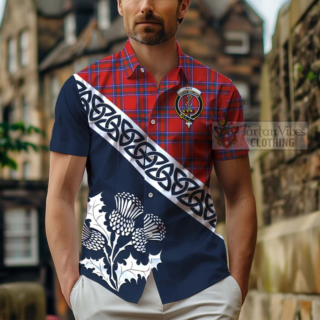 Tartan Vibes Clothing Rait Tartan Short Sleeve Button Shirt Featuring Thistle and Scotland Map