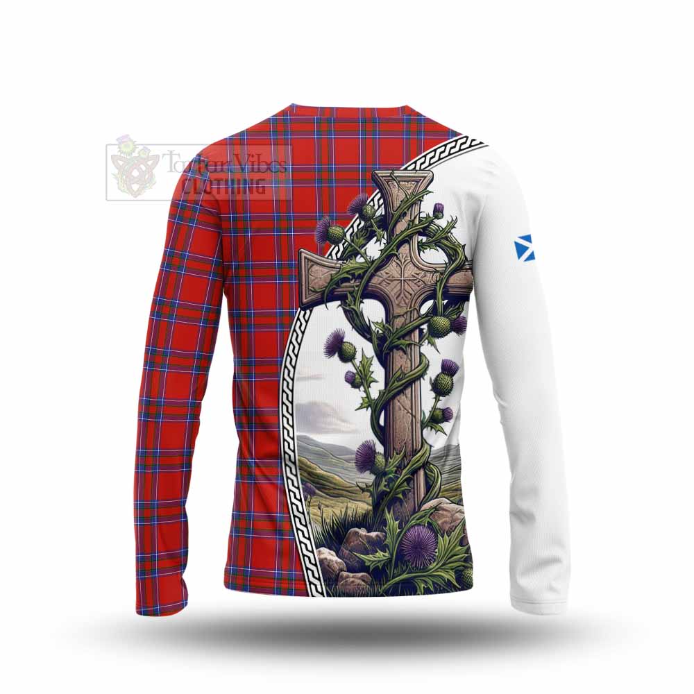 Tartan Vibes Clothing Rait Tartan Long Sleeve T-Shirt with Family Crest and St. Andrew's Cross Accented by Thistle Vines