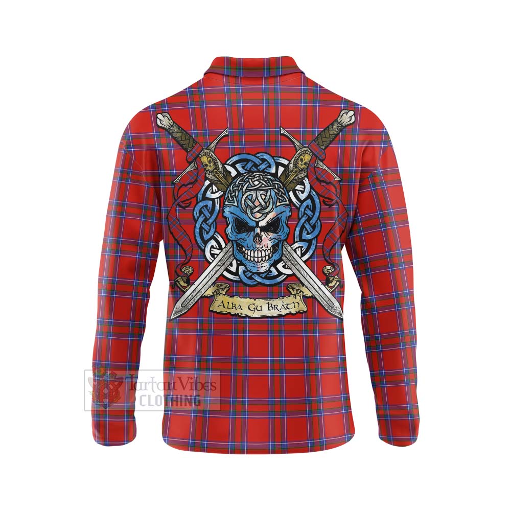 Tartan Vibes Clothing Rait Tartan Long Sleeve Polo Shirt with Family Crest Celtic Skull Style