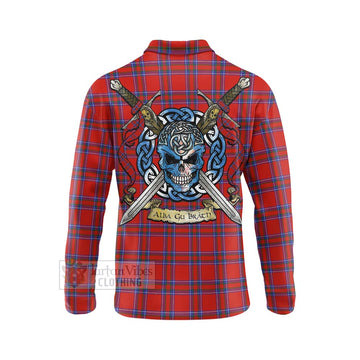 Rait Tartan Long Sleeve Polo Shirt with Family Crest Celtic Skull Style