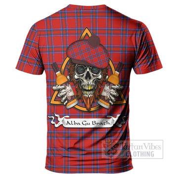 Rait Tartan T-Shirt with Family Crest and Bearded Skull Holding Bottles of Whiskey