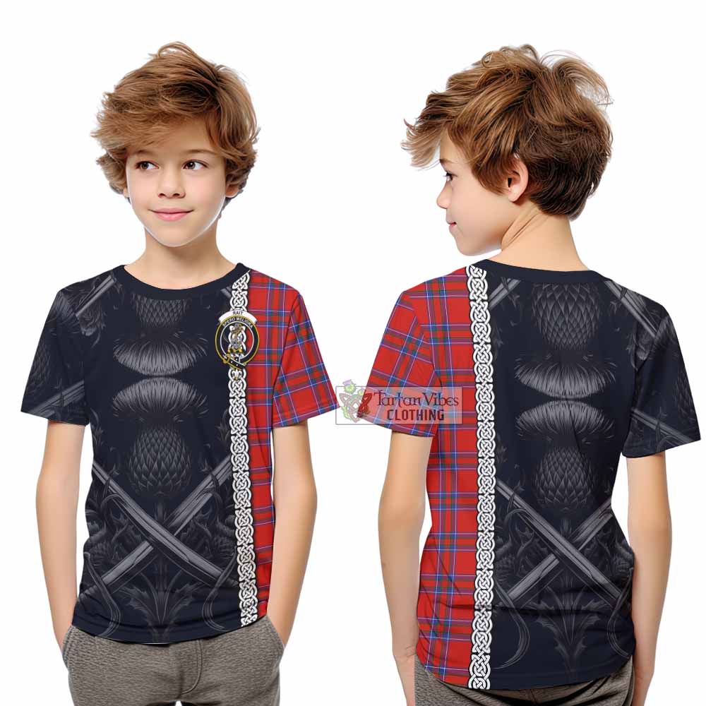 Tartan Vibes Clothing Rait Tartan Kid T-Shirt with Family Crest Cross Sword Thistle Celtic Vibes