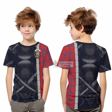 Rait Tartan Kid T-Shirt with Family Crest Cross Sword Thistle Celtic Vibes