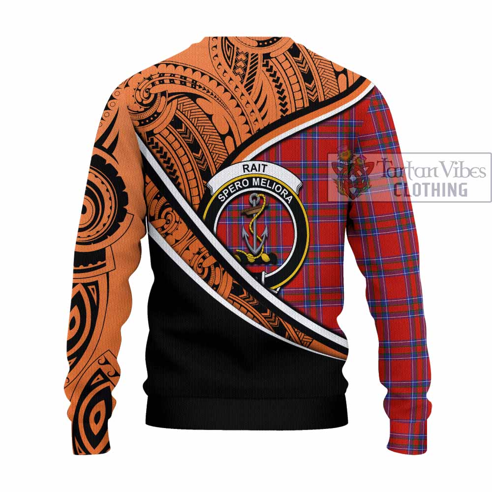 Tartan Vibes Clothing Rait Crest Tartan Knitted Sweater with Maori Tattoo Style - Orange Version