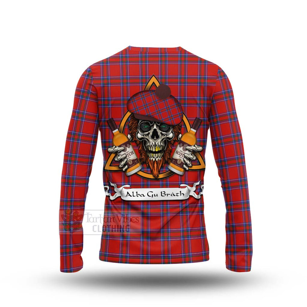 Tartan Vibes Clothing Rait Tartan Long Sleeve T-Shirt with Family Crest and Bearded Skull Holding Bottles of Whiskey