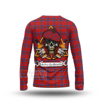 Rait Tartan Long Sleeve T-Shirt with Family Crest and Bearded Skull Holding Bottles of Whiskey