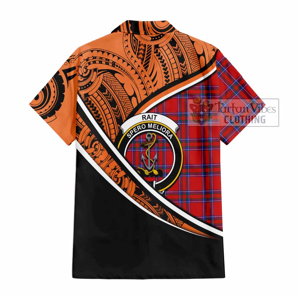 Tartan Vibes Clothing Rait Crest Tartan Short Sleeve Button Shirt with Maori Tattoo Style - Orange Version