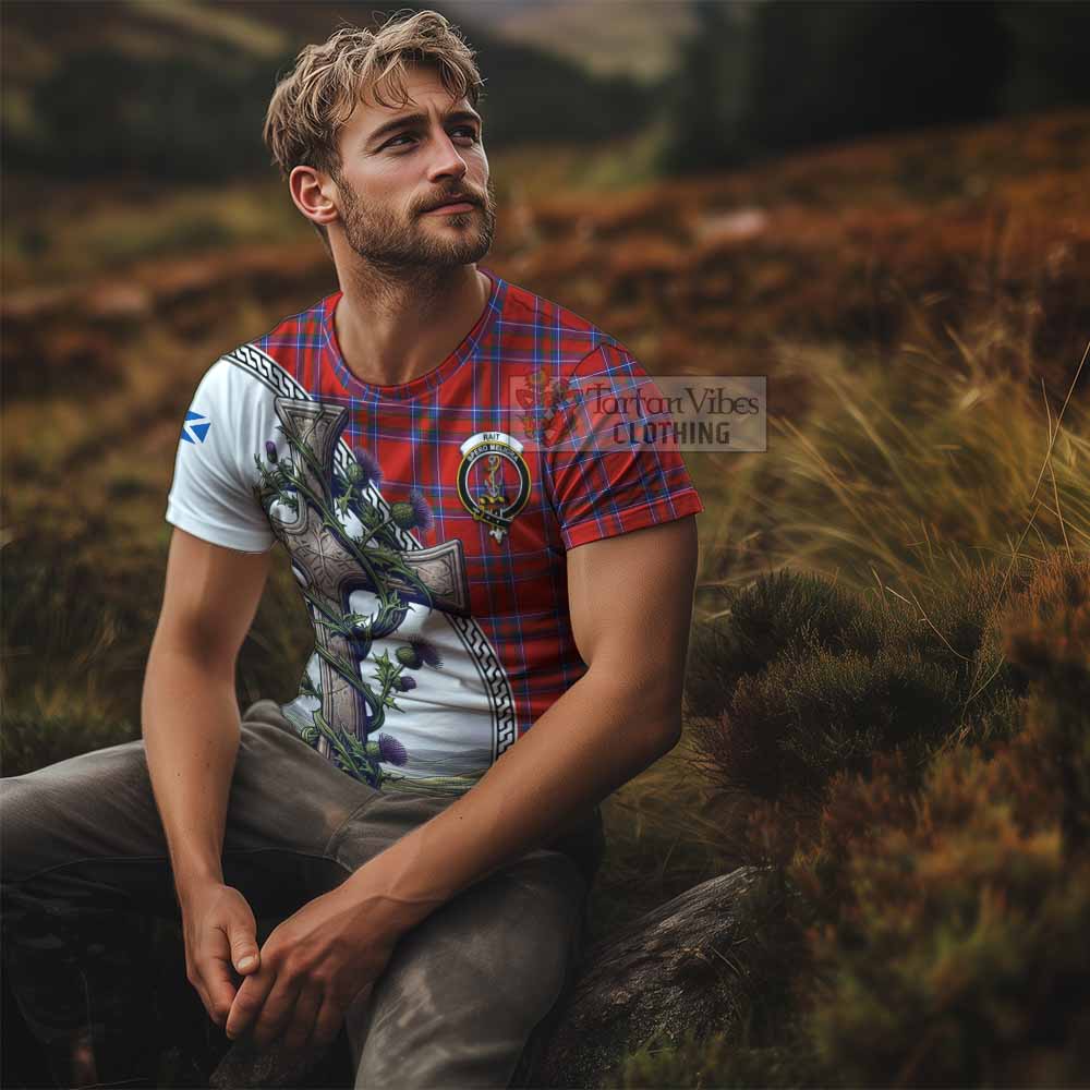 Tartan Vibes Clothing Rait Agnew Tartan T-Shirt with Family Crest and St. Andrew's Cross Accented by Thistle Vines