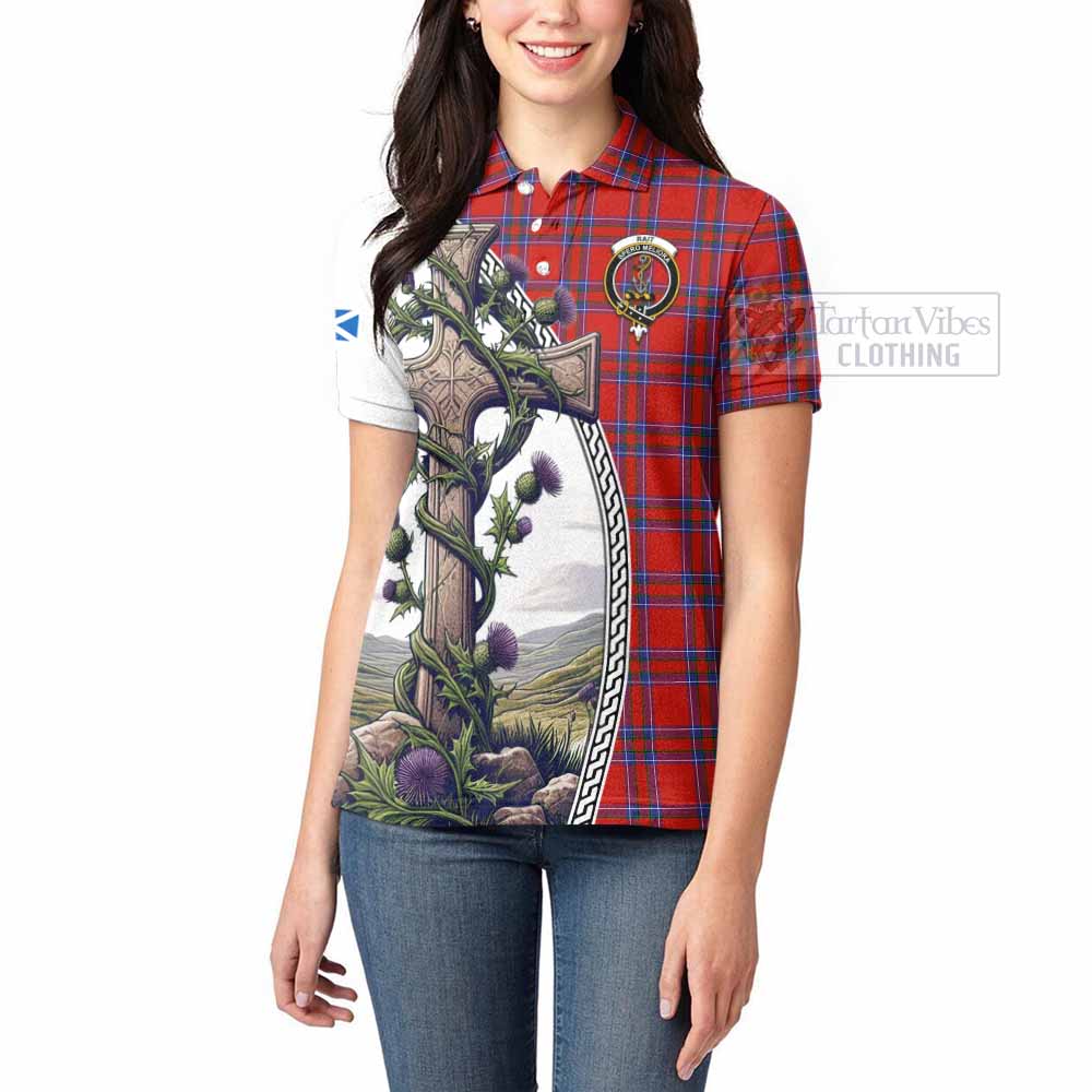 Tartan Vibes Clothing Rait Tartan Women's Polo Shirt with Family Crest and St. Andrew's Cross Accented by Thistle Vines