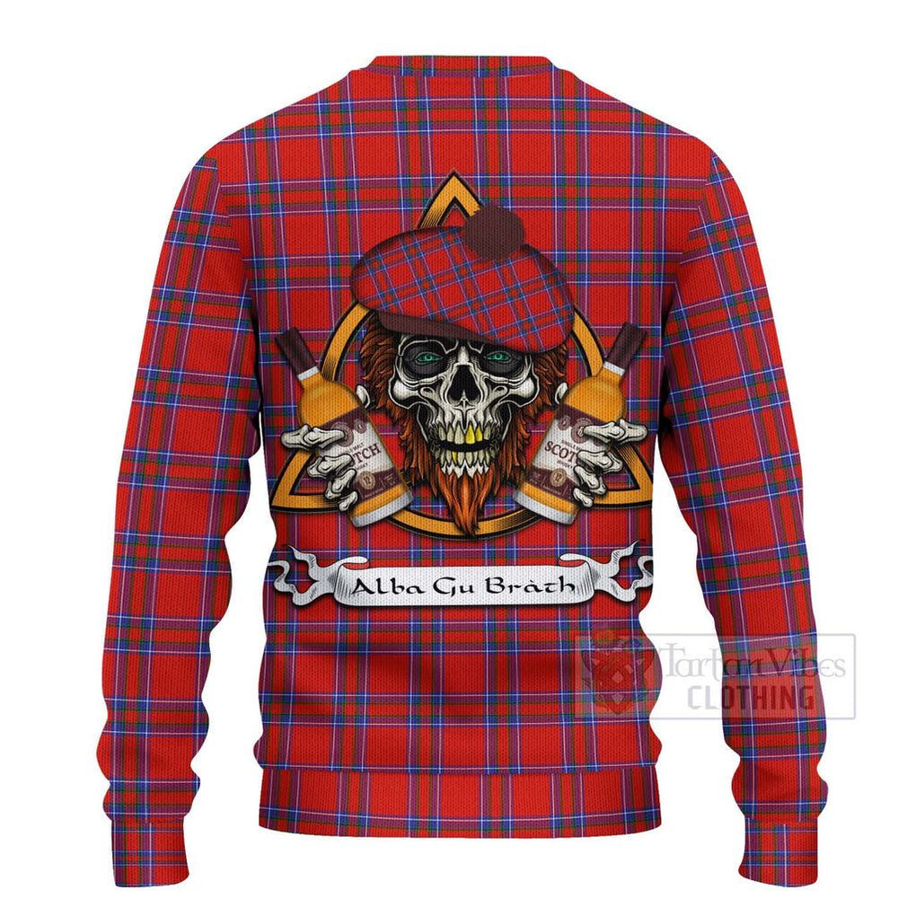 Tartan Vibes Clothing Rait Tartan Knitted Sweater with Family Crest and Bearded Skull Holding Bottles of Whiskey