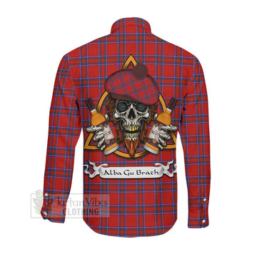 Rait Tartan Long Sleeve Button Shirt with Family Crest and Bearded Skull Holding Bottles of Whiskey