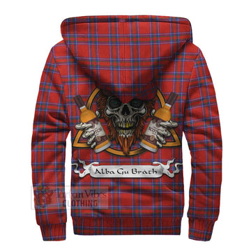 Rait Tartan Sherpa Hoodie with Family Crest and Bearded Skull Holding Bottles of Whiskey