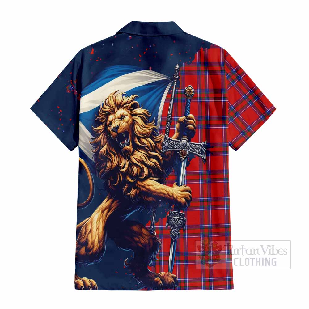 Tartan Vibes Clothing Rait Tartan Family Crest Short Sleeve Button Shirt with Scottish Majestic Lion