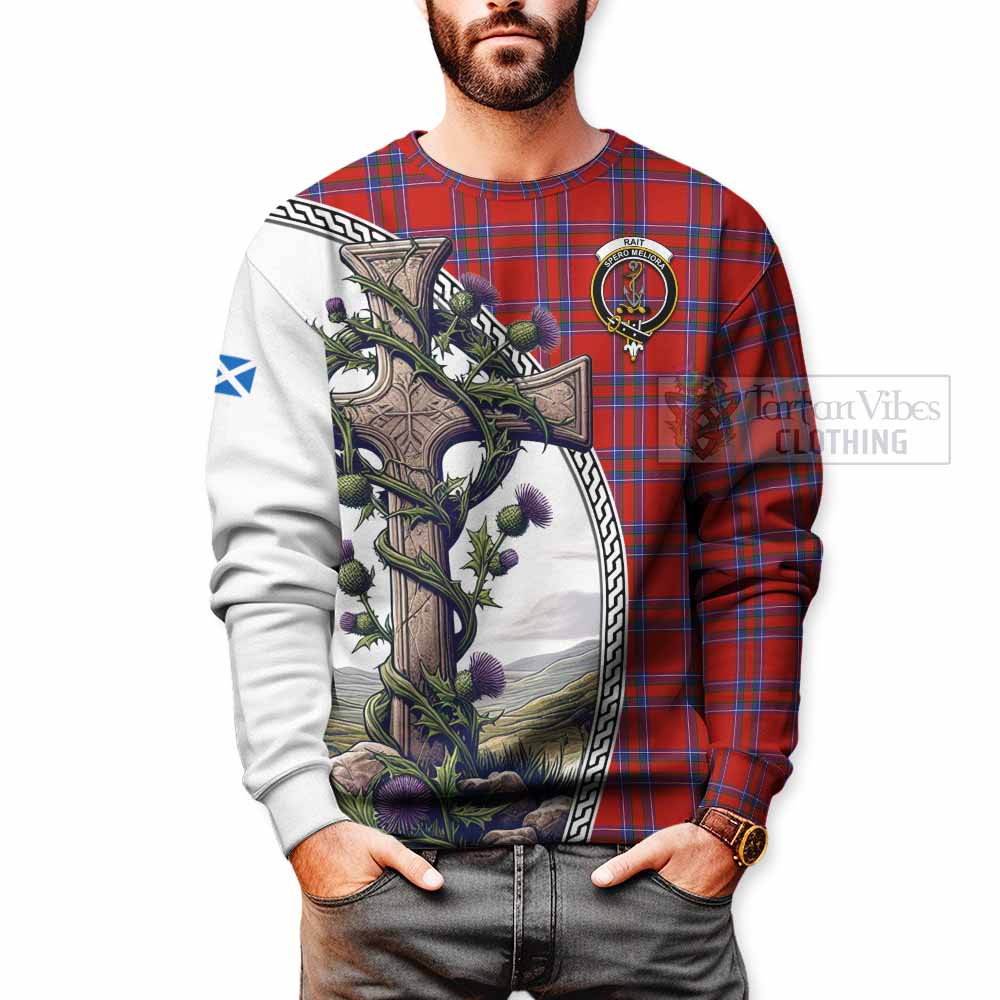 Tartan Vibes Clothing Rait Tartan Sweatshirt with Family Crest and St. Andrew's Cross Accented by Thistle Vines