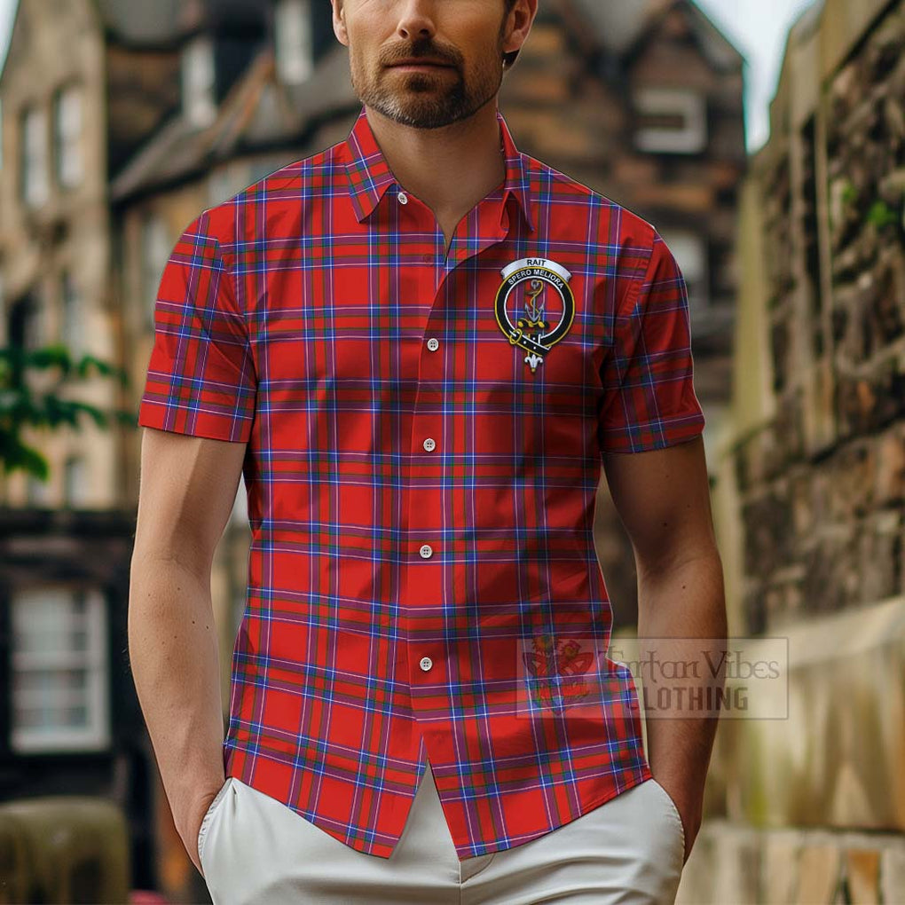 Tartan Vibes Clothing Rait Tartan Short Sleeve Button Shirt with Family Crest and Bearded Skull Holding Bottles of Whiskey