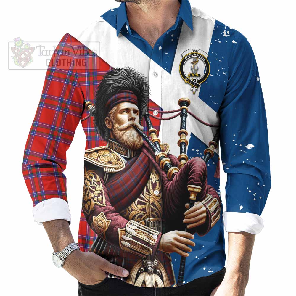 Tartan Vibes Clothing Rait Tartan Long Sleeve Button Shirt with Family Crest Scottish Bagpiper Vibes