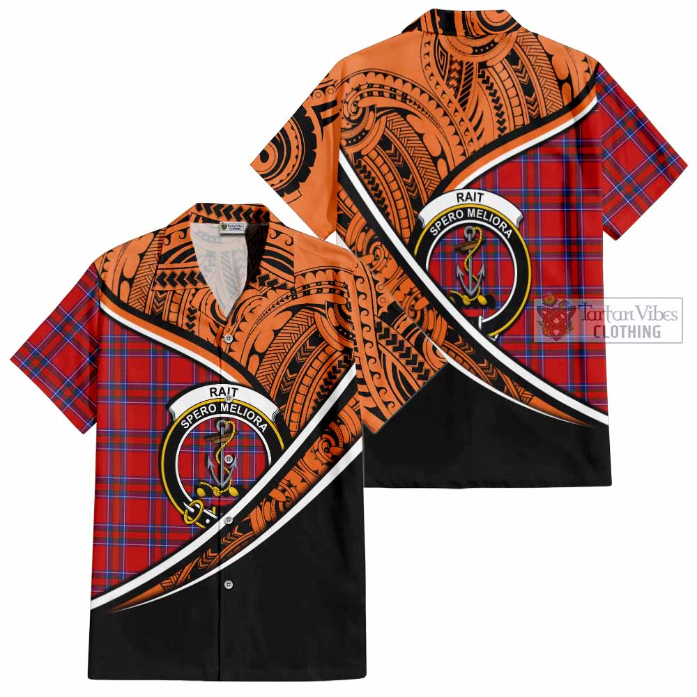 Tartan Vibes Clothing Rait Crest Tartan Short Sleeve Button Shirt with Maori Tattoo Style - Orange Version