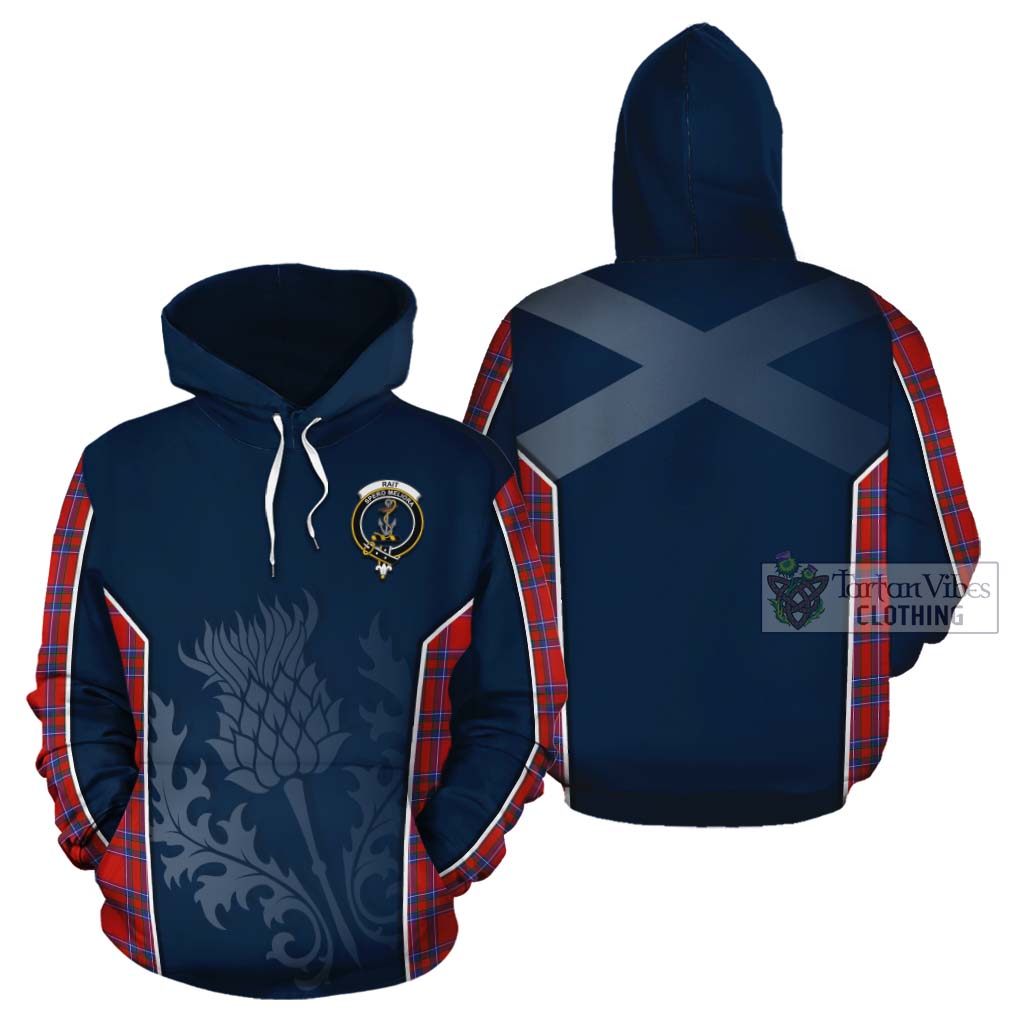 Tartan Vibes Clothing Rait Tartan Cotton Hoodie with Family Crest and Scottish Thistle Vibes Sport Style