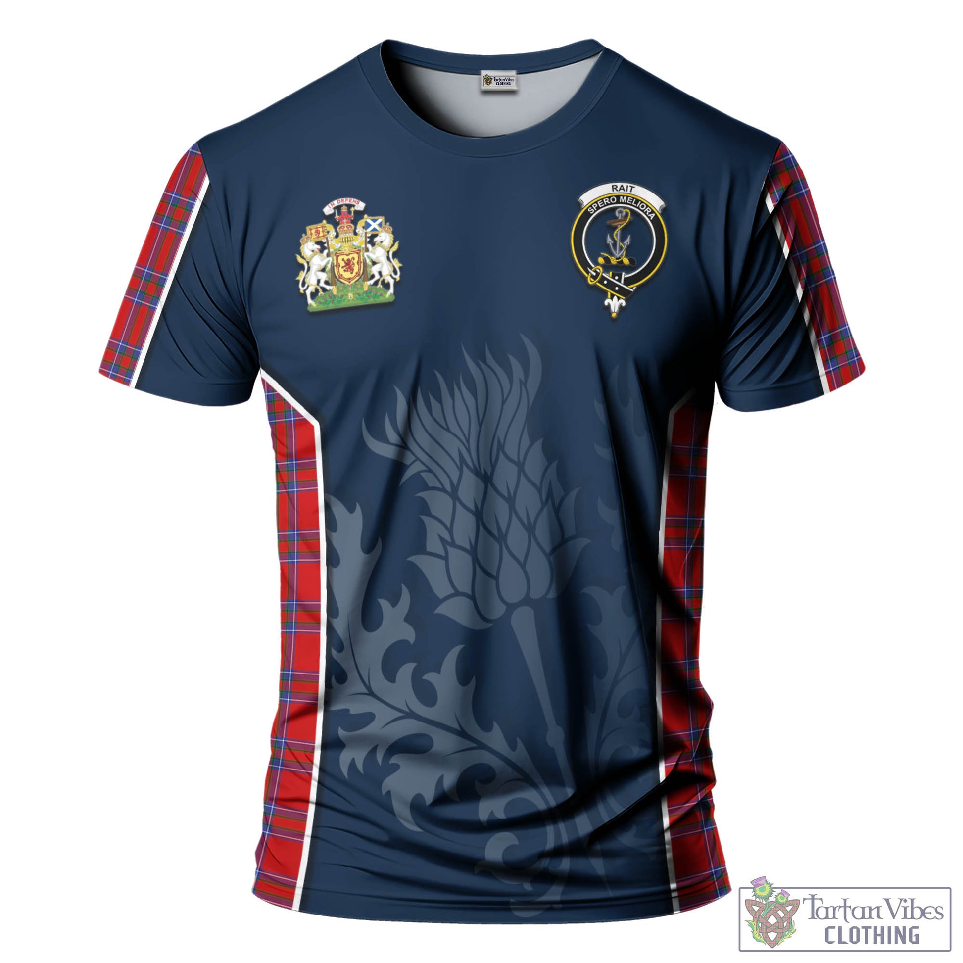 Tartan Vibes Clothing Rait Tartan T-Shirt with Family Crest and Scottish Thistle Vibes Sport Style