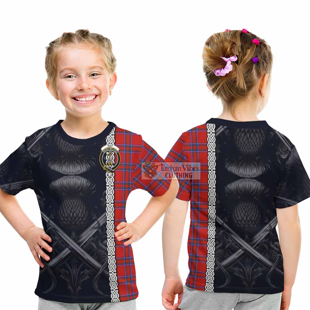 Tartan Vibes Clothing Rait Tartan Kid T-Shirt with Family Crest Cross Sword Thistle Celtic Vibes